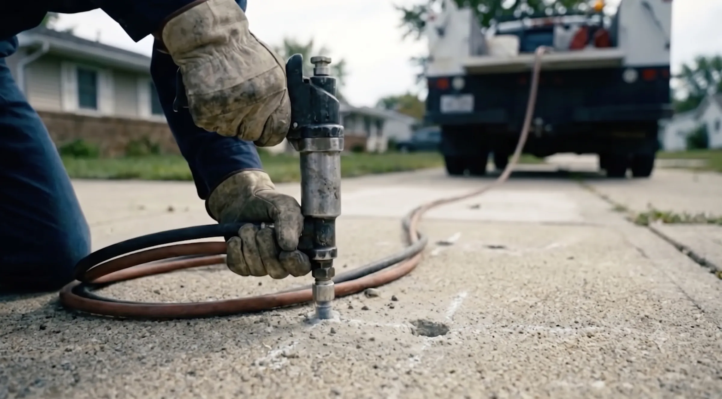A Lift + Level technician injecting polyurethane foam through a small hole drilled in a residential concrete driveway.